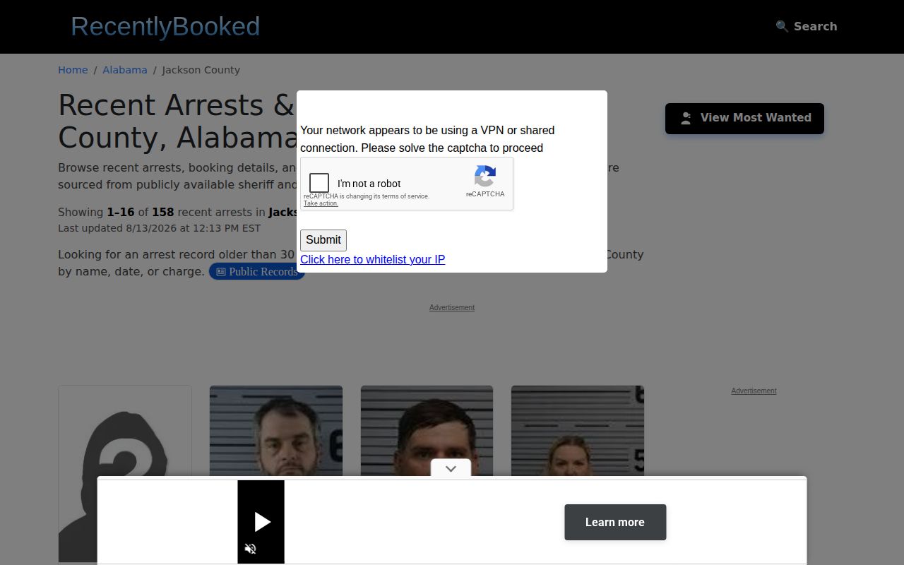 Unofficial Jackson County arrest record page from Recently Booked